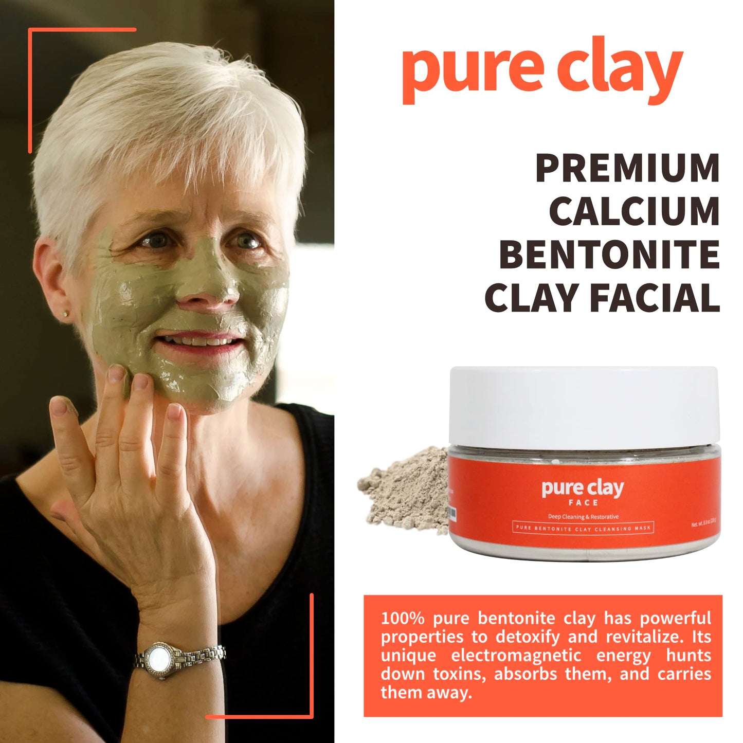 Pure Clay Detox | Therapeutic Grade Calcium Bentonite Clay Powder | GRAS-Affirmed | Indian Healing Face Mask | Deep Pore Cleansing | Body Wrap Hair Mask Bath | Ultra Fine | 16 oz | Acne Oily Skin Foot