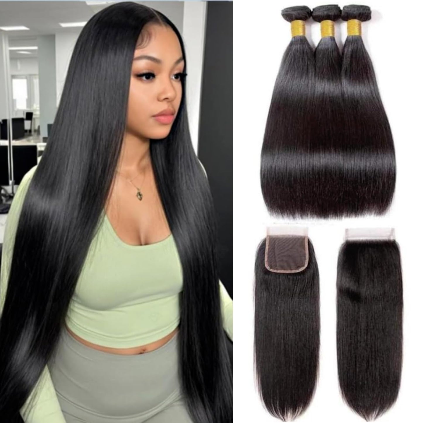 Straight 4 Bundles With Closure Human Hair 18 20 22 24+16 Inch 100% Unprocessed Black Brazilian Hair Extensions Pre Plucked With Baby Hair 4X4 HD Lace Closure