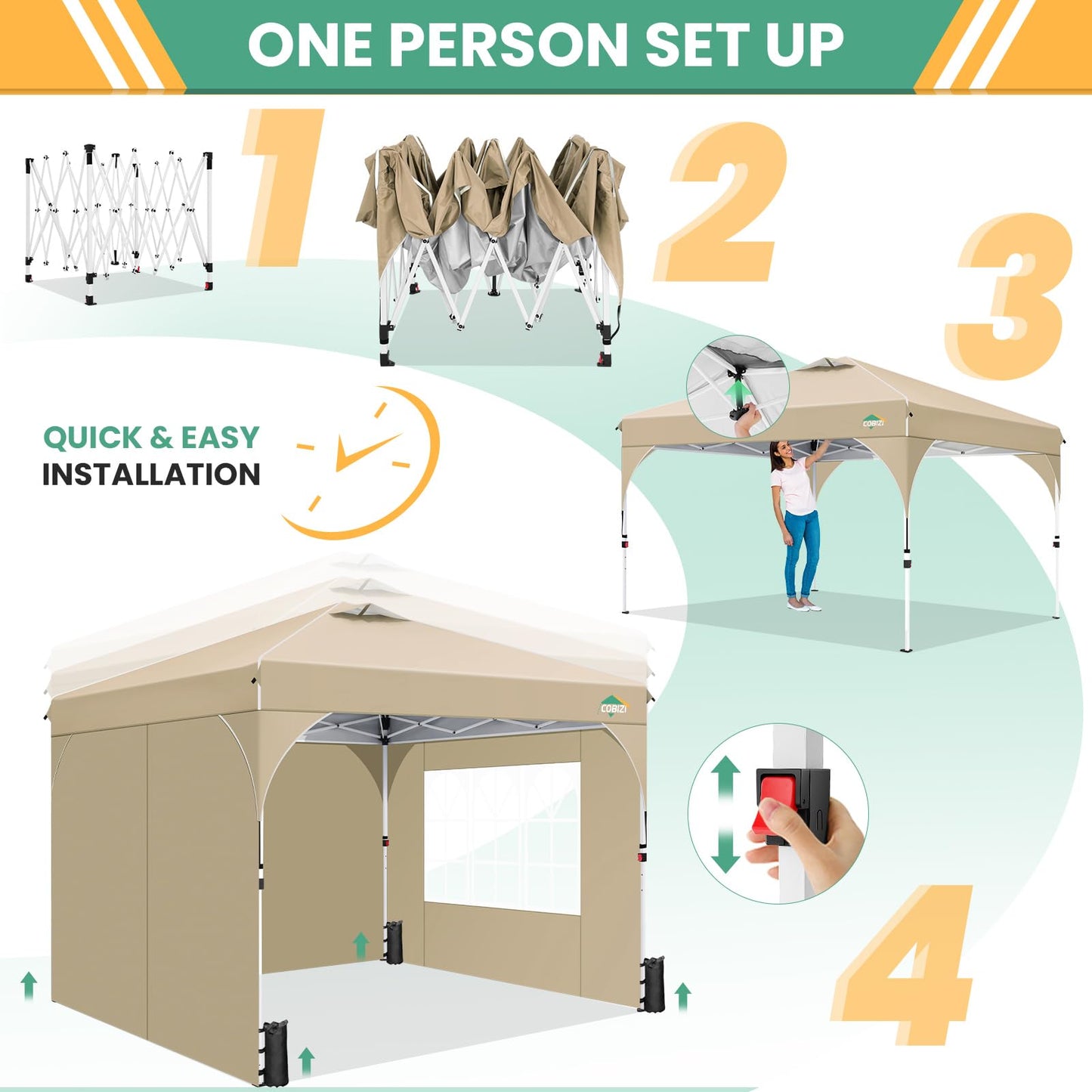 COBIZI 10x20 Pop Up Canopy Tent, Outdoor Party Tent with 4 Sidewalls, 1 Person Easy Set up, Tents for Parties with Fluorescent Strip & 4 Sandbags, Waterproof UPF50+, 3 Adjustable Height, Gray