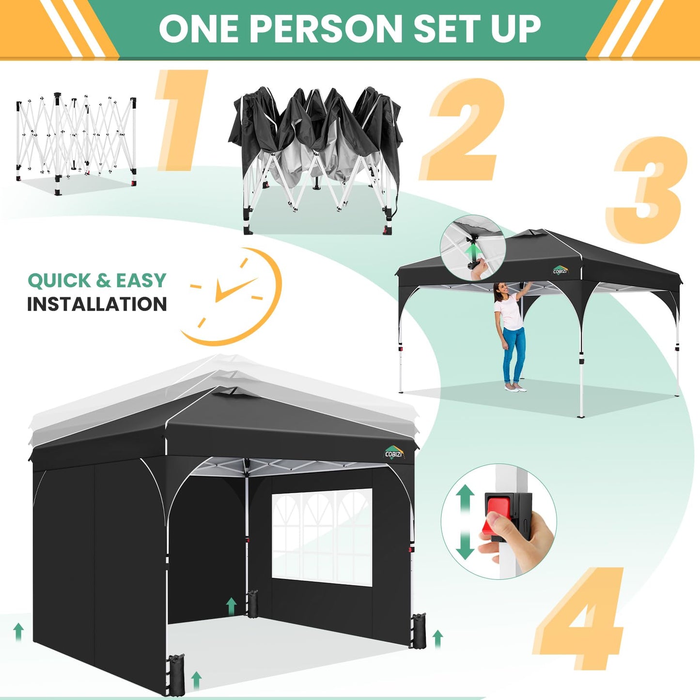 COBIZI 10x20 Pop Up Canopy Tent, Outdoor Party Tent with 4 Sidewalls, 1 Person Easy Set up, Tents for Parties with Fluorescent Strip & 4 Sandbags, Waterproof UPF50+, 3 Adjustable Height, Gray