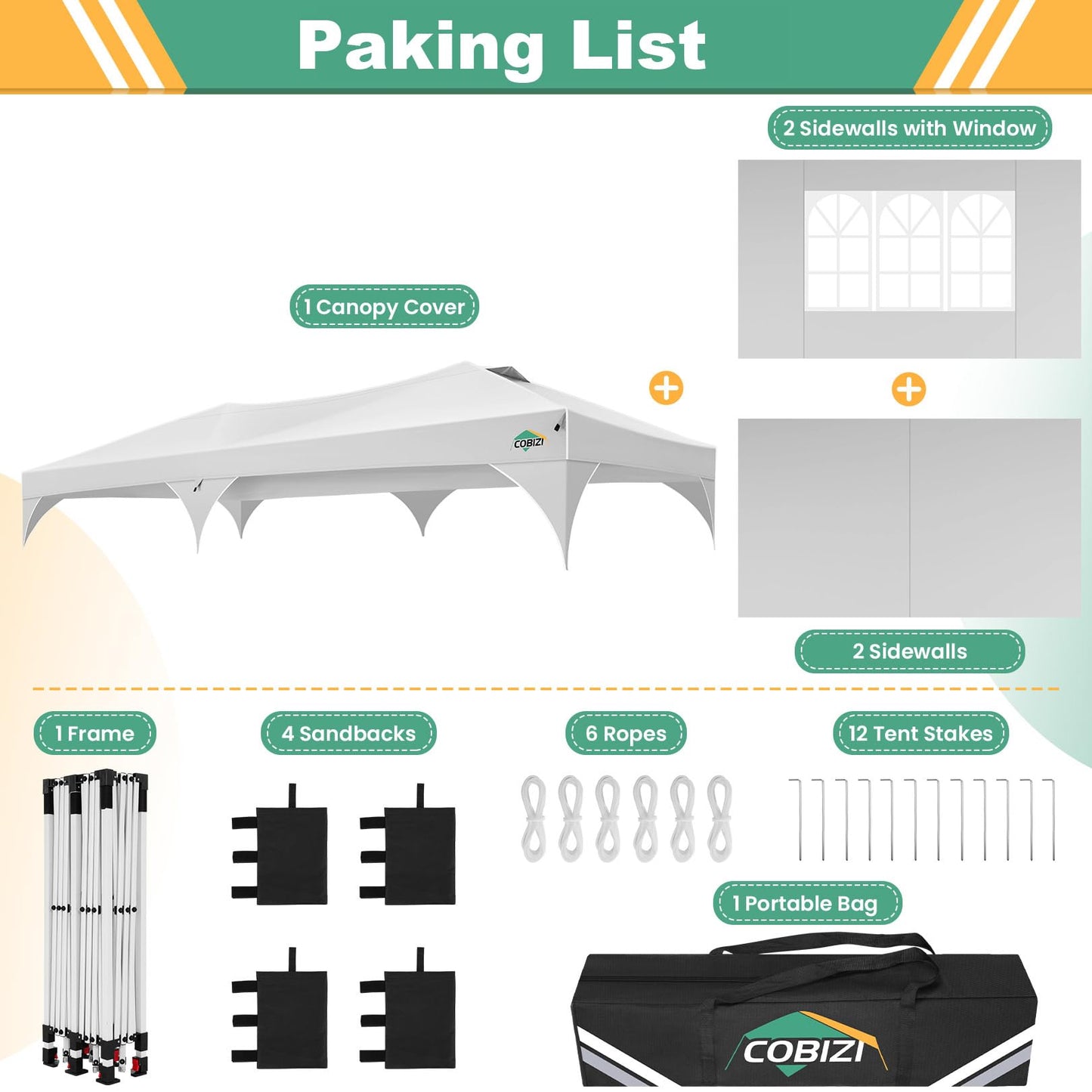 COBIZI 10x20 Pop Up Canopy Tent, Outdoor Party Tent with 4 Sidewalls, 1 Person Easy Set up, Tents for Parties with Fluorescent Strip & 4 Sandbags, Waterproof UPF50+, 3 Adjustable Height, Gray