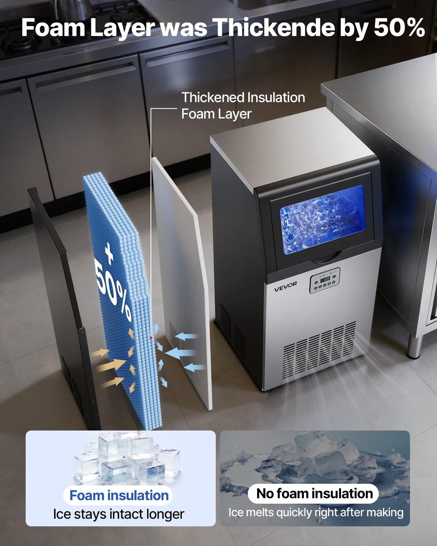 VEVOR Commercial Ice Maker Machine, 265 lbs/24h with 85 lbs Storage Capacity, Built-in/Freestanding/Under Counter, Stainless Steel Ice Maker with LED Display & Self-Cleaning, for Home Bar Restaurant