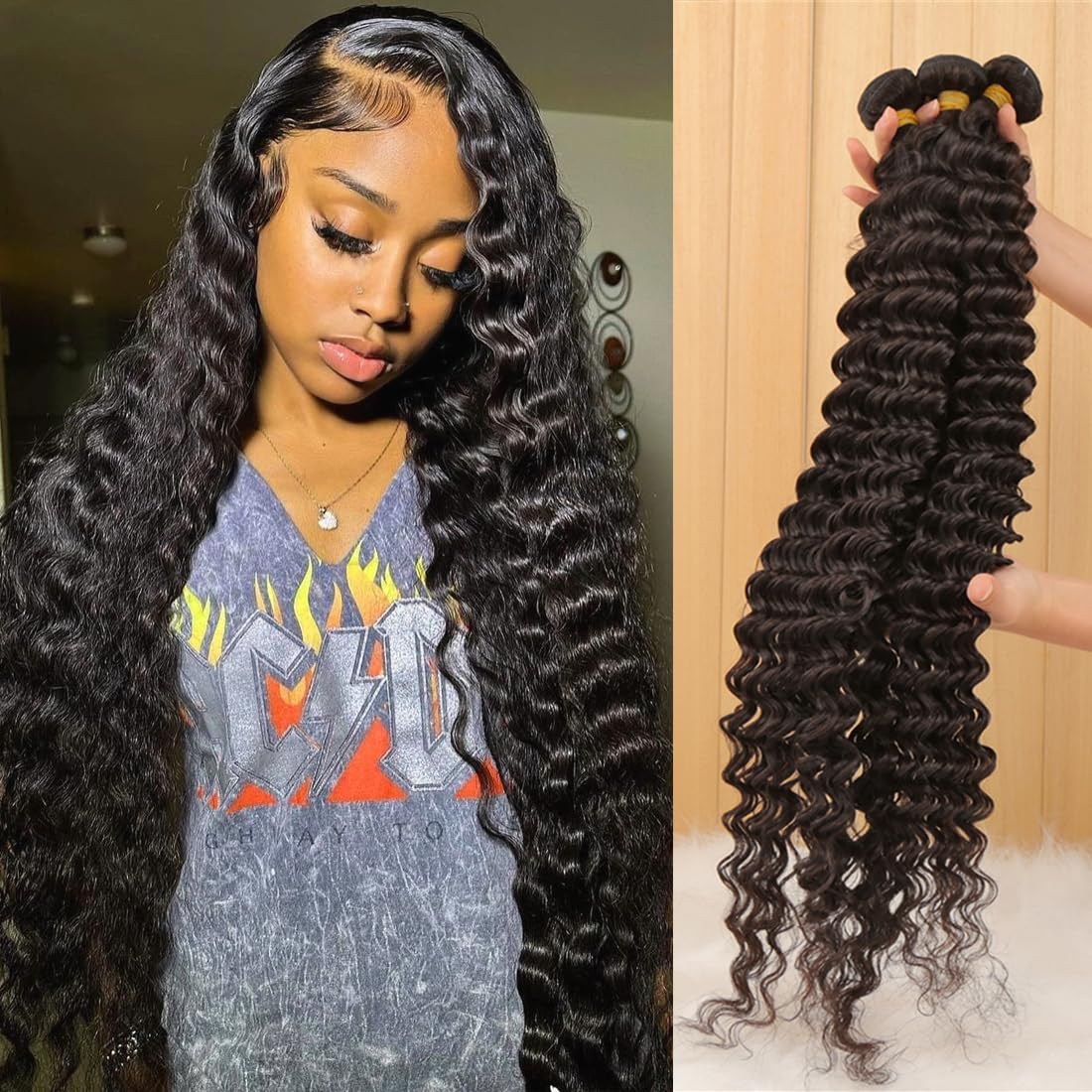 Closure with Bundles (16 18 20 22+14 Closure) Free Part Deep Wave 4 Bundles with 4x4 Lace Closure 100% Unprocessed Brazilian Virgin Remy Hair Curly Bundles Hair Extension Double Weft Natural Color