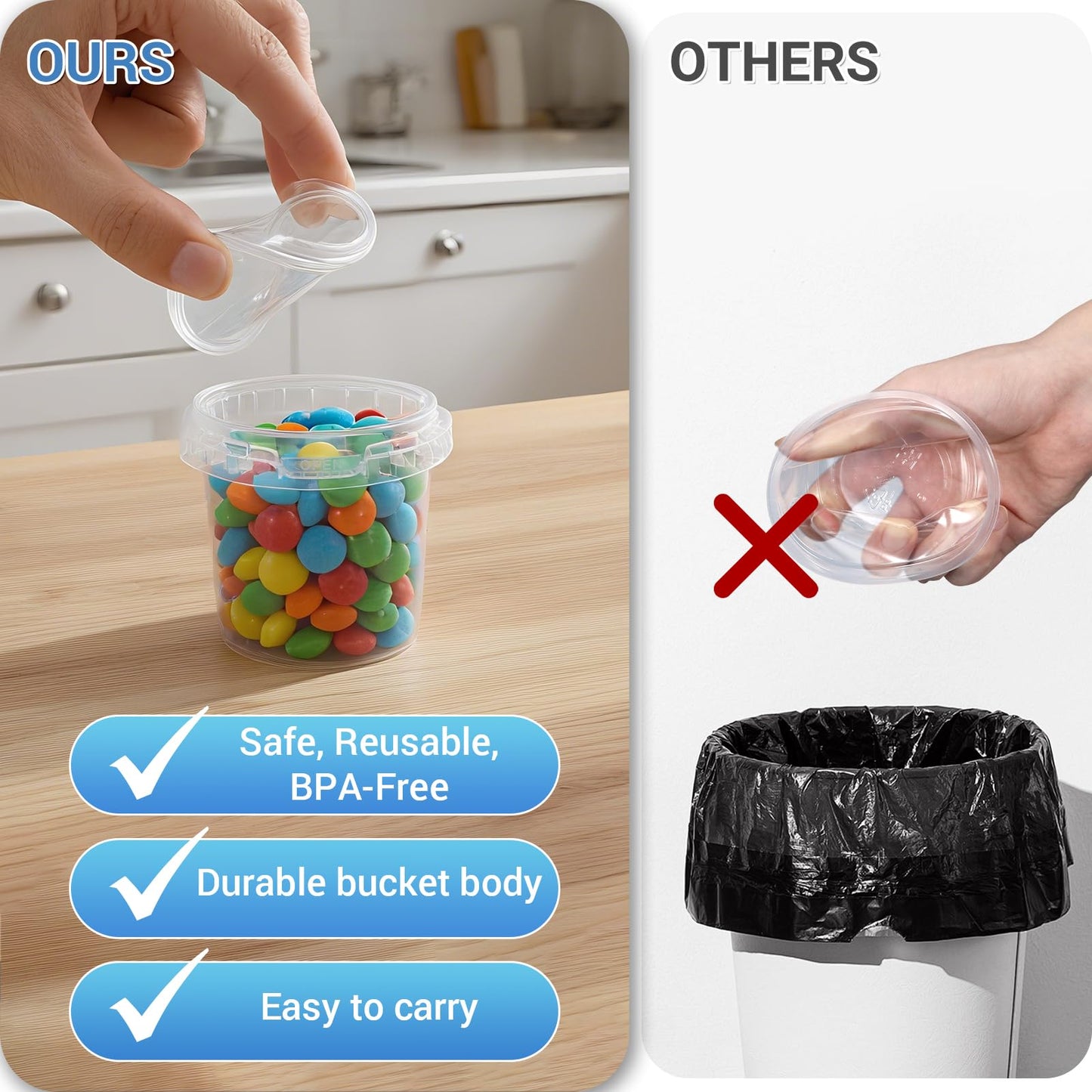 Airtight Clear Plastic Bucket with Lid, Ice Buckets for Parties, Reusable Ice Cream Tub with Handle, Food Storage Container, Food Grade Freezer and Microwave Safe for Sauce, Soup (16 OZ/500 ML)