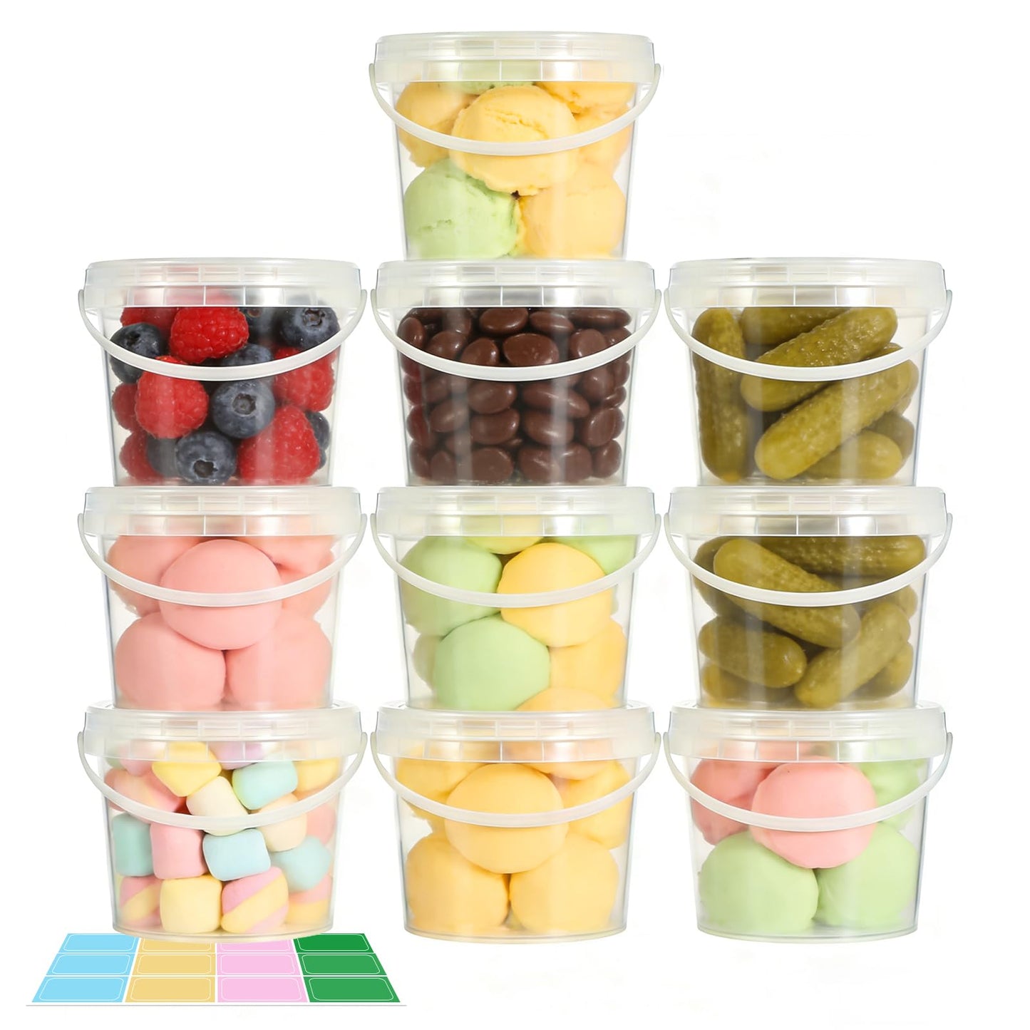 Airtight Clear Plastic Bucket with Lid, Ice Buckets for Parties, Reusable Ice Cream Tub with Handle, Food Storage Container, Food Grade Freezer and Microwave Safe for Sauce, Soup (16 OZ/500 ML)