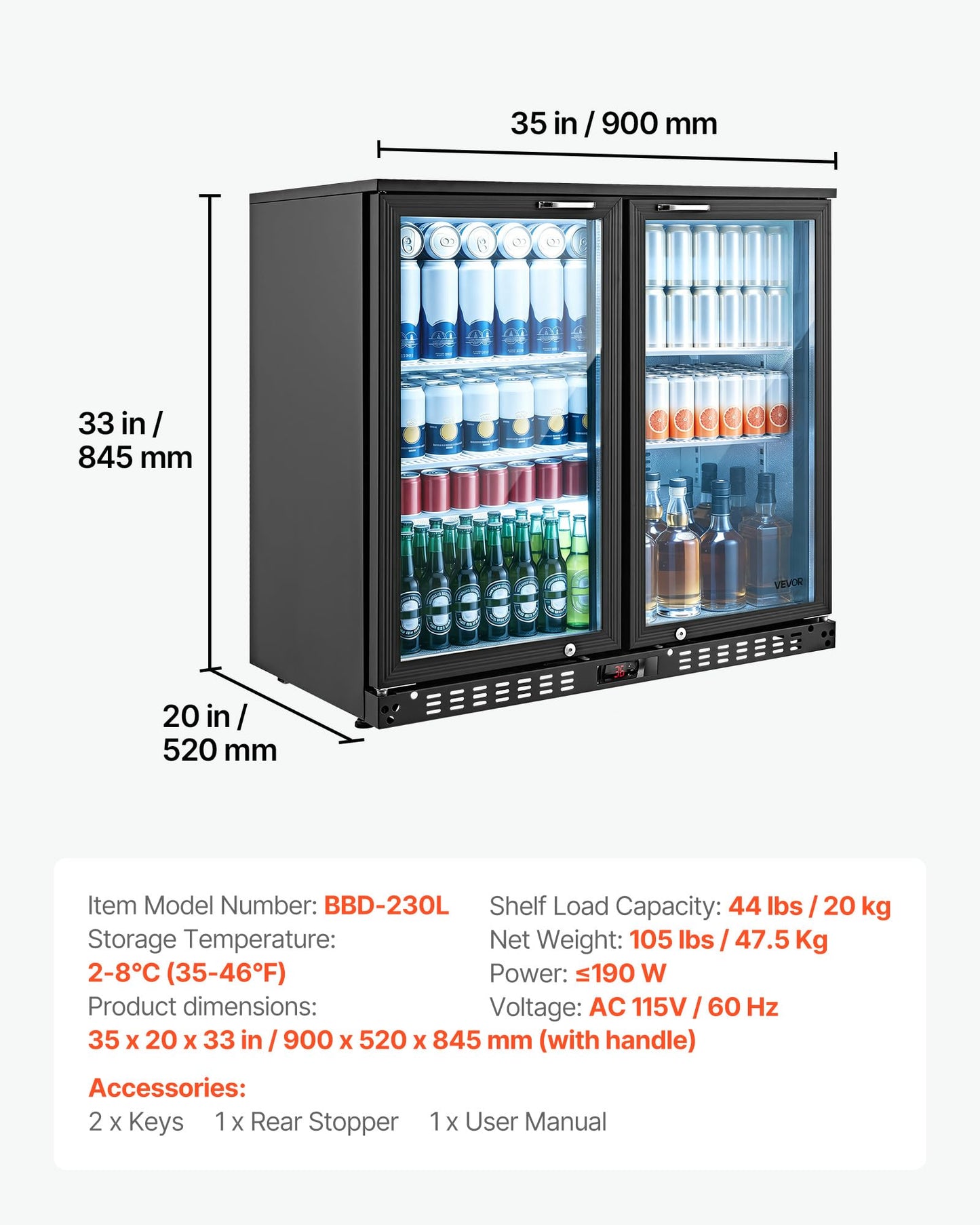 VEVOR Back Bar Cooler, 7.4 Cu. Ft Commercial Beverage Refrigerator, Under Counter Bar Fridge with 2 Sliding Doors, LED Lighting, Adjustable Shelves, Low-E Glass Display Cooler for Beer, Wine, Drink