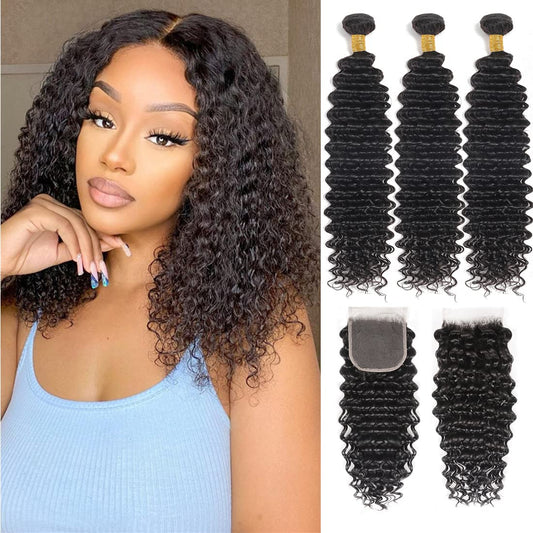 Closure with Bundles (16 18 20 22+14 Closure) Free Part Deep Wave 4 Bundles with 4x4 Lace Closure 100% Unprocessed Brazilian Virgin Remy Hair Curly Bundles Hair Extension Double Weft Natural Color