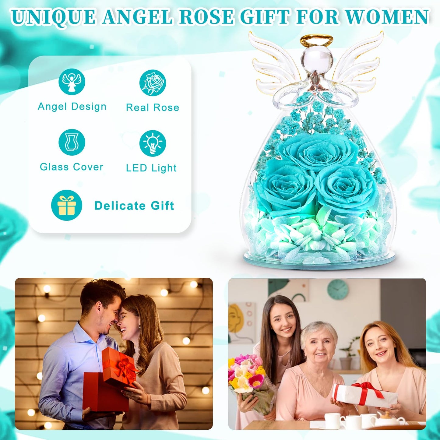 Beferr Mothers Day Mom Birthday Gifts for Women, Fresh Flowers for Delivery Forever Preserved Rose in Glass Angel Figurine, Anniversary Christian Real Rose for Grandma Nana Wife Mum from Daughter Son