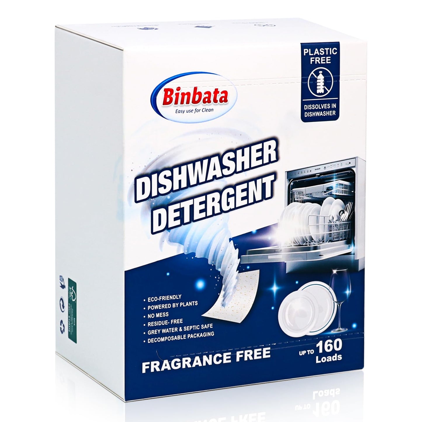 Binbata Eco Dishwasher Detergent Sheets Up To 160 Loads, Grapefruit Scent Plastic Free Dishwashing Soap Strips With High Efficient Solid Enzyme, Leaving Dishes Sparkling Clean