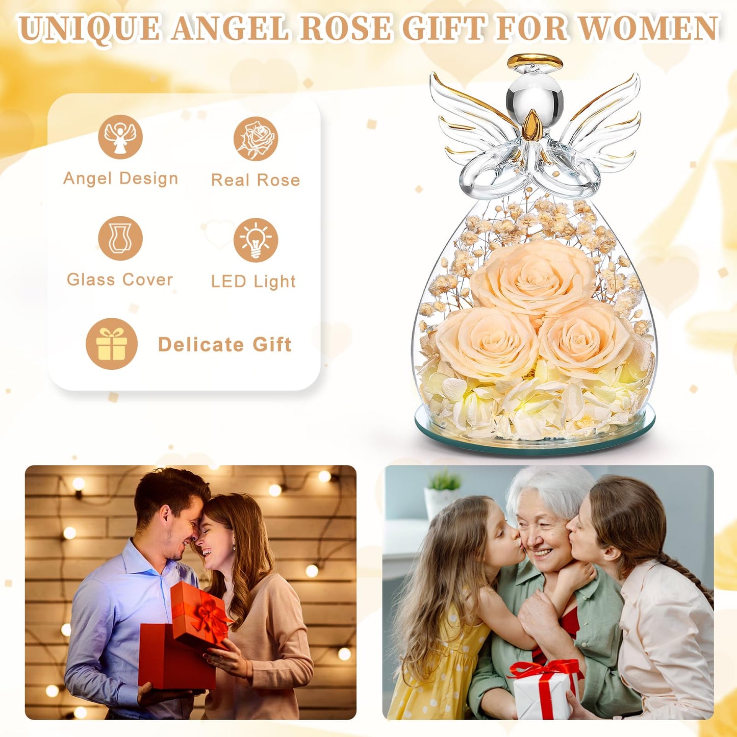 Beferr Mothers Day Mom Birthday Gifts for Women, Fresh Flowers for Delivery Forever Preserved Rose in Glass Angel Figurine, Anniversary Christian Real Rose for Grandma Nana Wife Mum from Daughter Son
