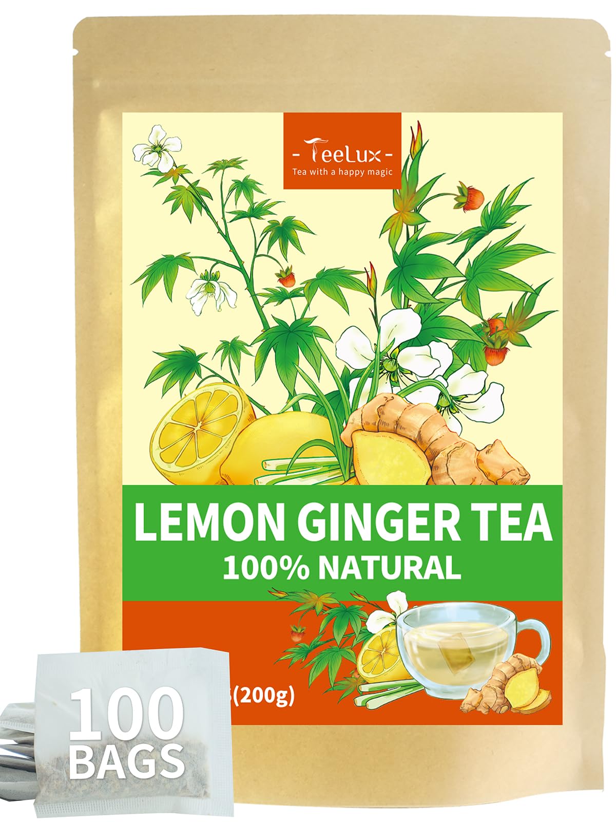 TeeLux Chamomile Tea Bags, 1.5g/bag, Pure Natural Chamomile Flowers Herbal Tea, Caffeine Free, 100 Count
