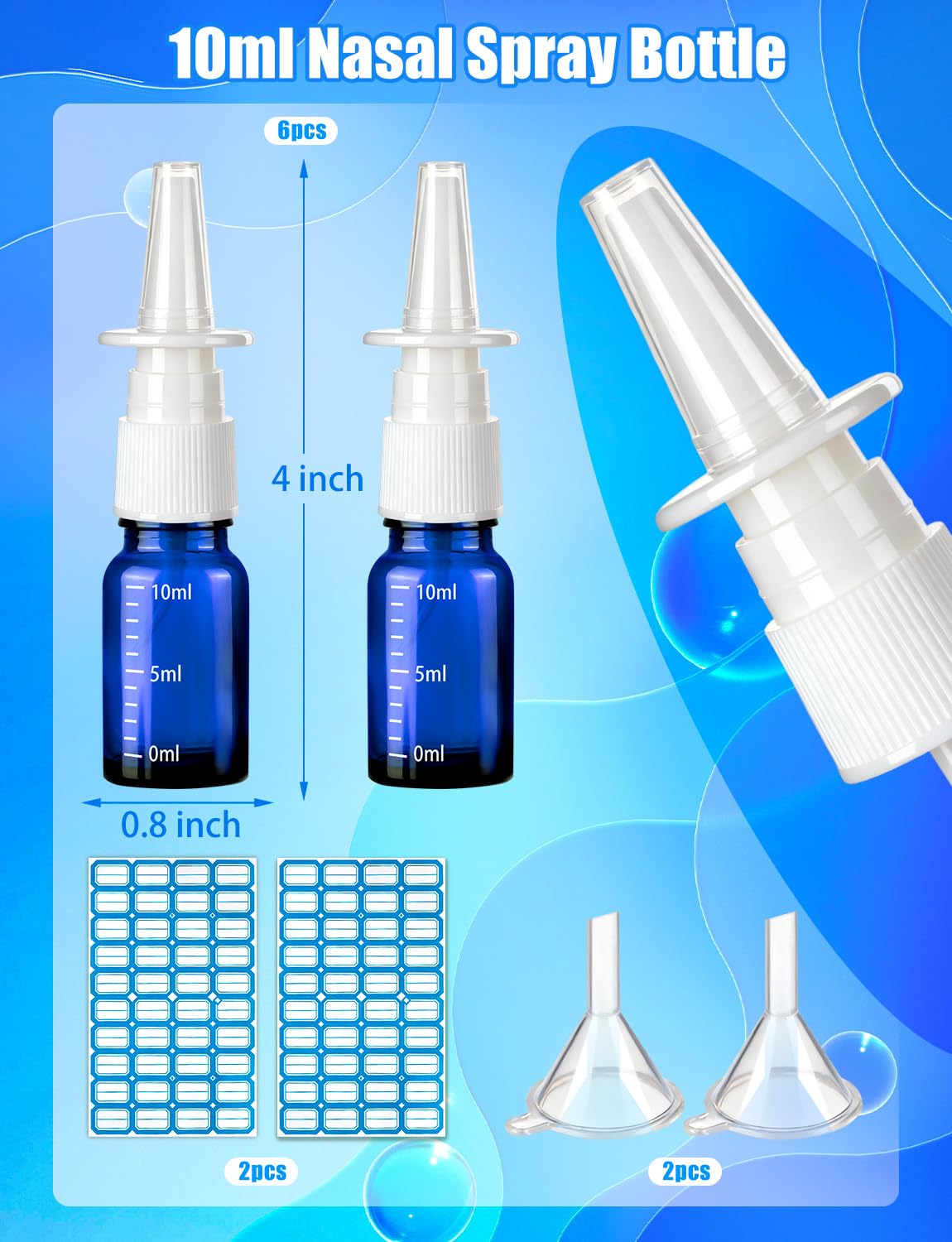 10 Pcs Nasal Spray Bottle, 10ML/0.35OZ 6Pcs Glass Empty Blue Scale Nose Spray Bottles Refillable with 2 Funnels and 2 Labels