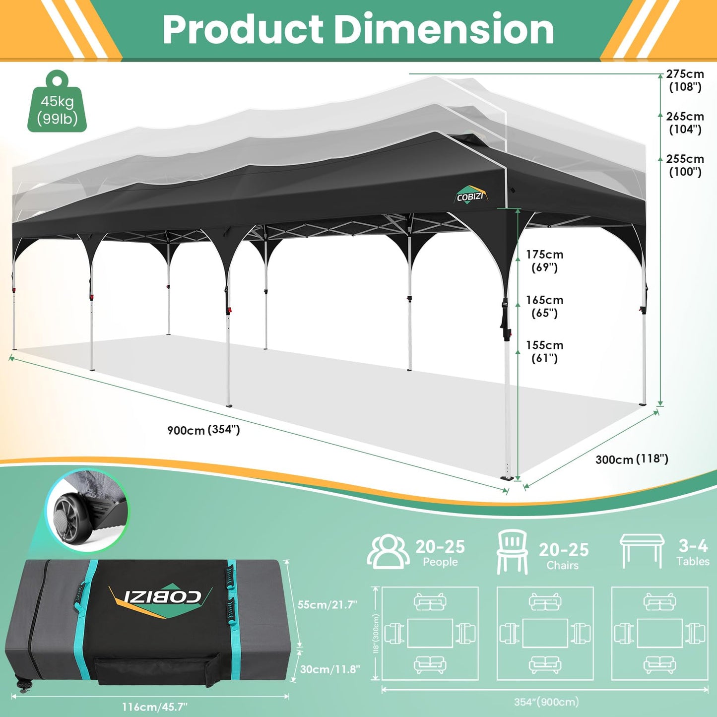 COBIZI 10x20 Pop Up Canopy Tent, Outdoor Party Tent with 4 Sidewalls, 1 Person Easy Set up, Tents for Parties with Fluorescent Strip & 4 Sandbags, Waterproof UPF50+, 3 Adjustable Height, Gray