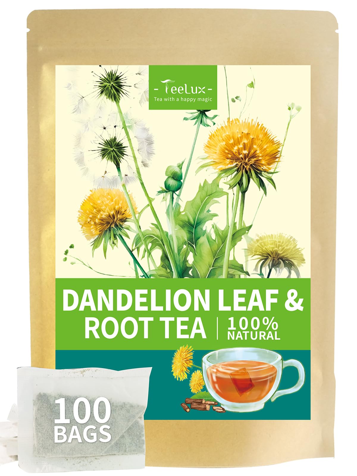 TeeLux Chamomile Tea Bags, 1.5g/bag, Pure Natural Chamomile Flowers Herbal Tea, Caffeine Free, 100 Count