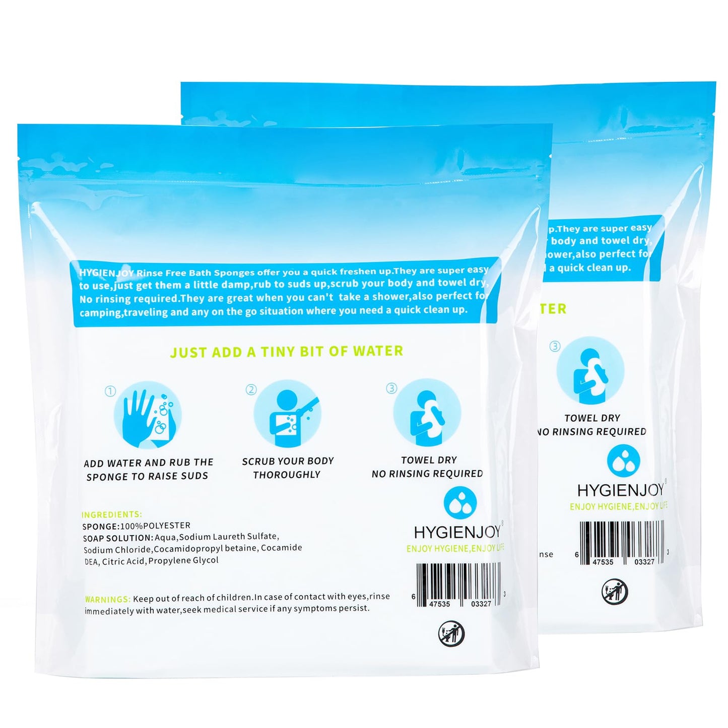 HYGIENJOY-21% Larger,No Rinse Bathing Wipes for Adults-Rinse Free Bath Sponges,Soap Infused,Dry Shower Wipes for Elderly,For Camping,Hiking,GYM,Post Surgery Must Haves, (25 Counts)