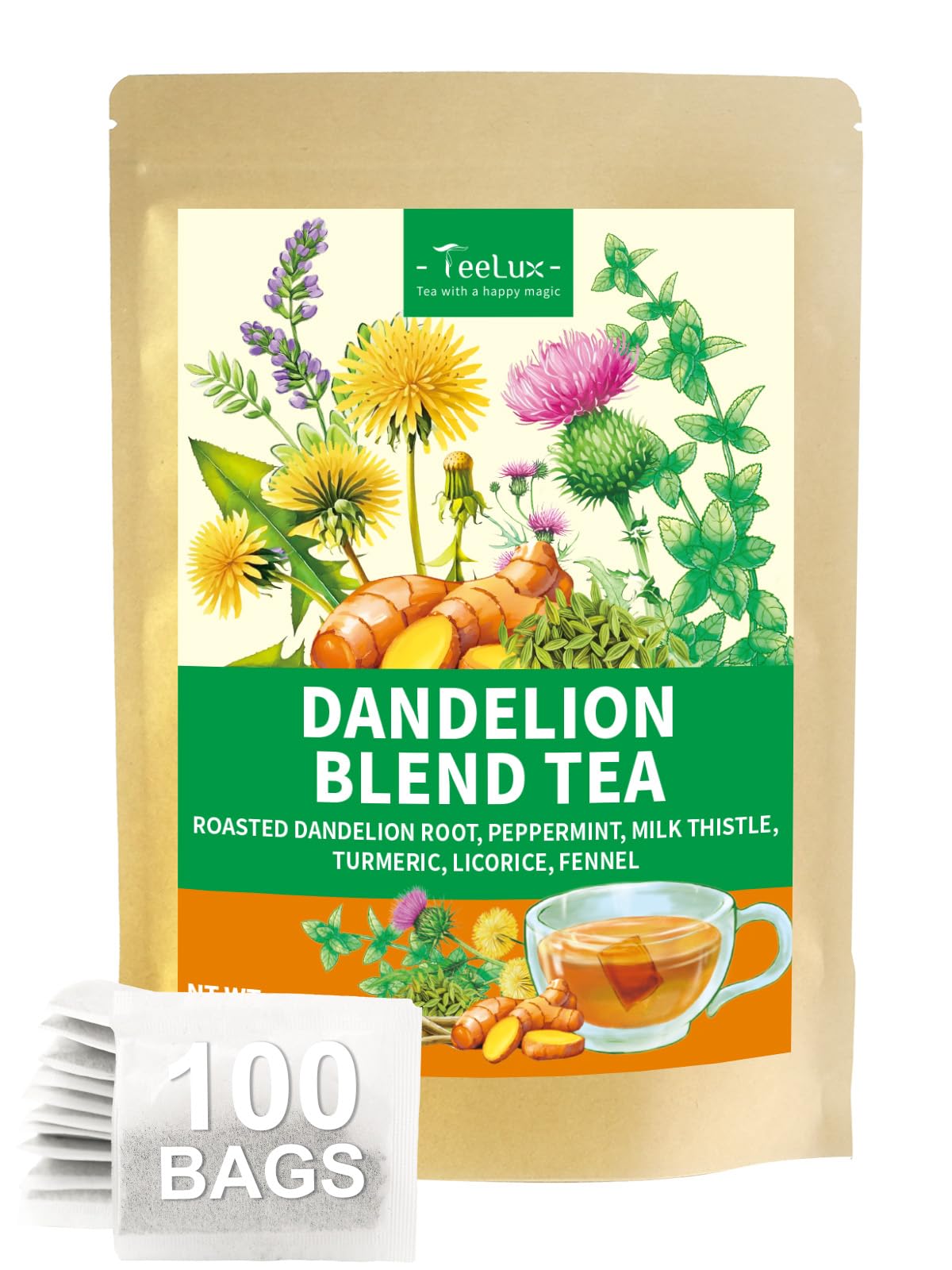 TeeLux Chamomile Tea Bags, 1.5g/bag, Pure Natural Chamomile Flowers Herbal Tea, Caffeine Free, 100 Count