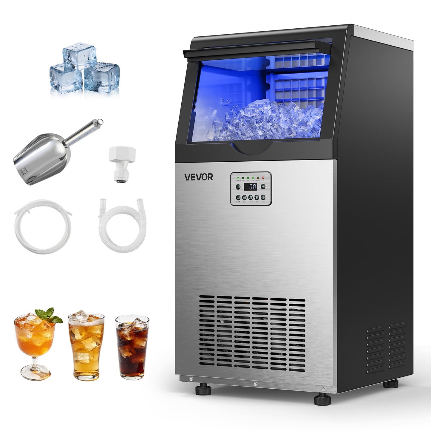VEVOR Commercial Ice Maker Machine, 265 lbs/24h with 85 lbs Storage Capacity, Built-in/Freestanding/Under Counter, Stainless Steel Ice Maker with LED Display & Self-Cleaning, for Home Bar Restaurant