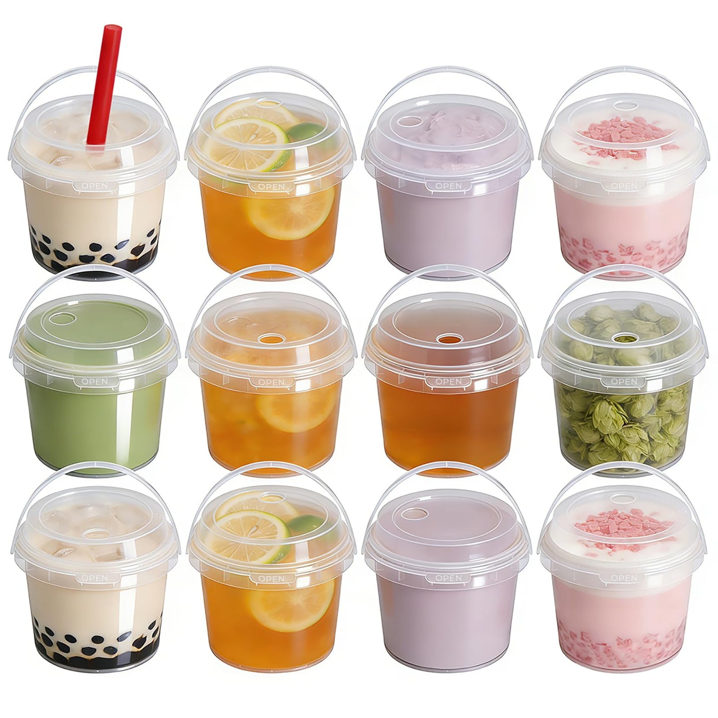 Airtight Clear Plastic Bucket with Lid, Ice Buckets for Parties, Reusable Ice Cream Tub with Handle, Food Storage Container, Food Grade Freezer and Microwave Safe for Sauce, Soup (16 OZ/500 ML)