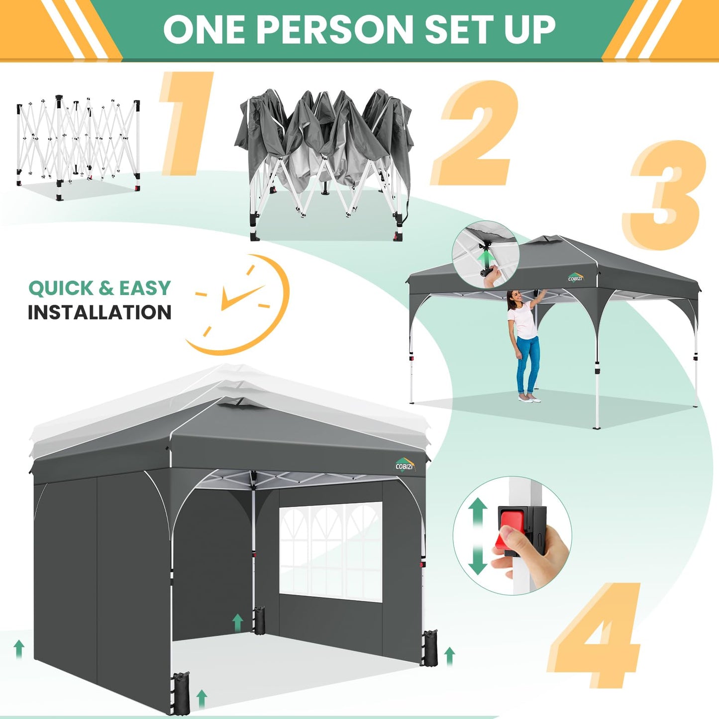 COBIZI 10x20 Pop Up Canopy Tent, Outdoor Party Tent with 4 Sidewalls, 1 Person Easy Set up, Tents for Parties with Fluorescent Strip & 4 Sandbags, Waterproof UPF50+, 3 Adjustable Height, Gray
