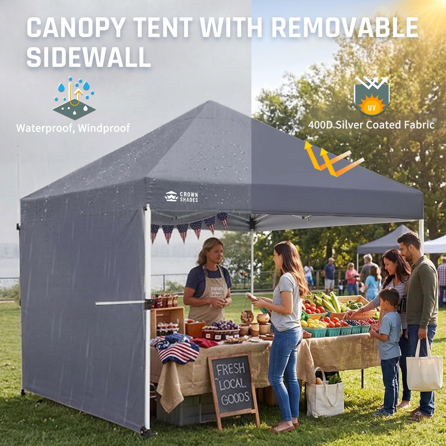 CROWN SHADES 10x10 Pop Up Commercial Canopy Tent, Patented One Push Setup, Heavy Duty Vendor Tent, 1 Removable Sidewall, 4" Wheels, Sto'N Go Bag, 400D Silver Coated, UPF 50+ Waterproof, Blue