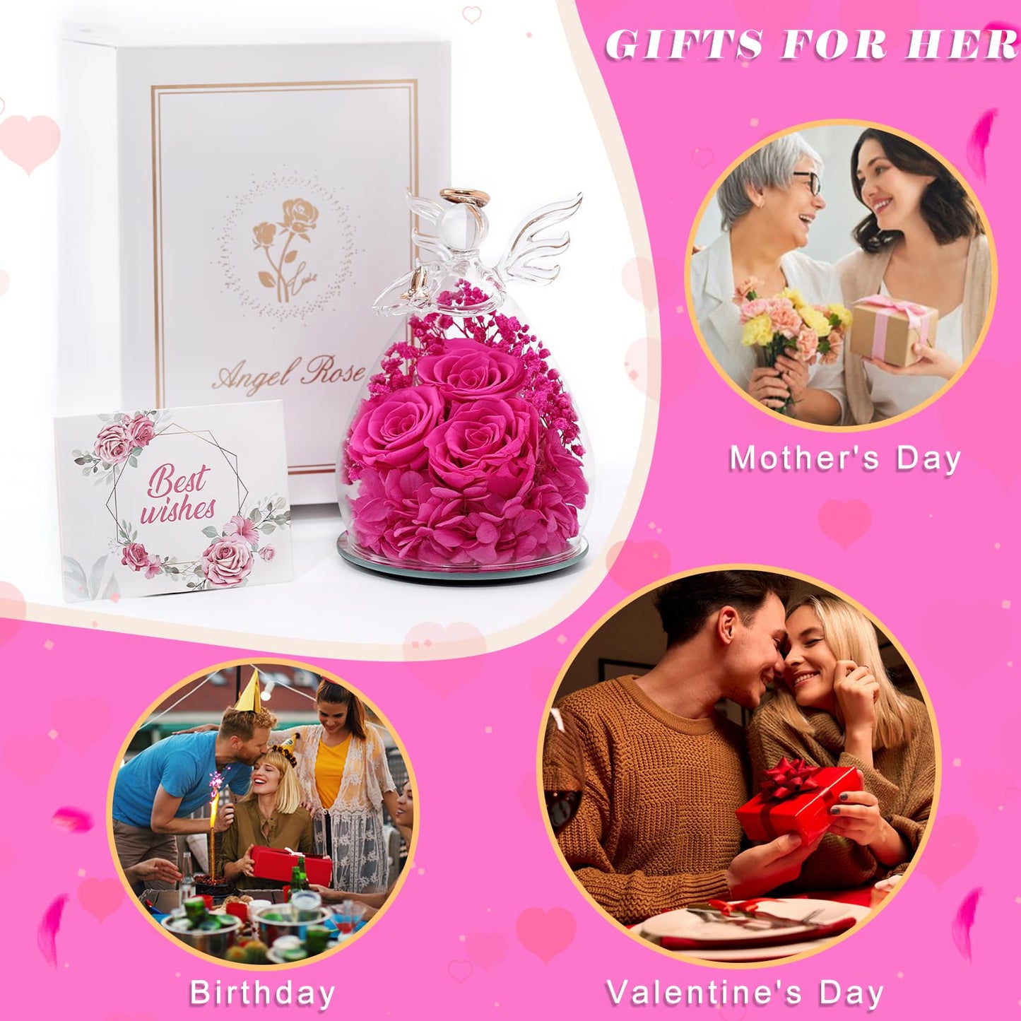 Beferr Mothers Day Mom Birthday Gifts for Women, Fresh Flowers for Delivery Forever Preserved Rose in Glass Angel Figurine, Anniversary Christian Real Rose for Grandma Nana Wife Mum from Daughter Son