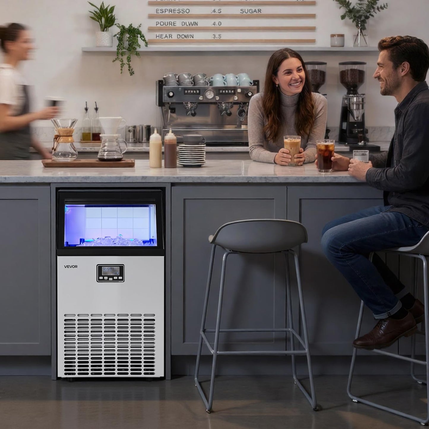 VEVOR Commercial Ice Maker Machine, 265 lbs/24h with 85 lbs Storage Capacity, Built-in/Freestanding/Under Counter, Stainless Steel Ice Maker with LED Display & Self-Cleaning, for Home Bar Restaurant