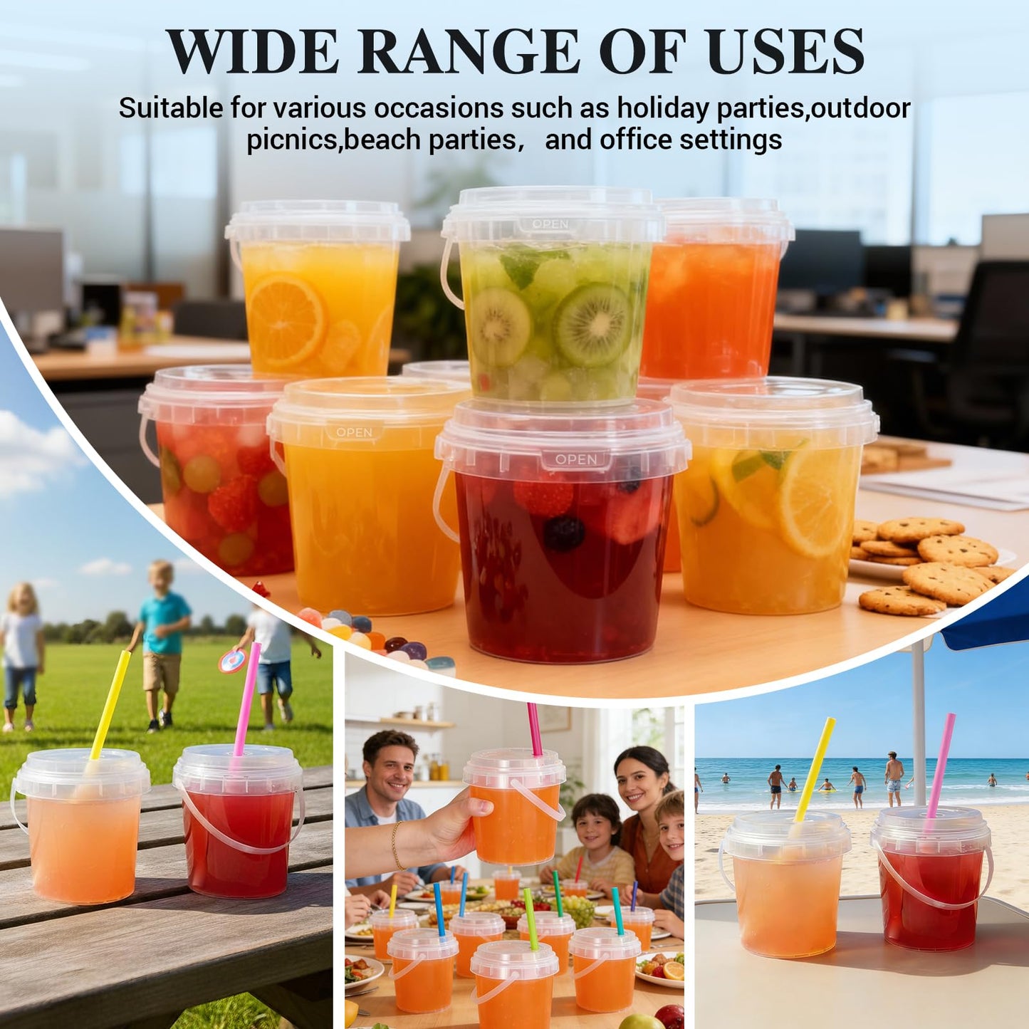 Airtight Clear Plastic Bucket with Lid, Ice Buckets for Parties, Reusable Ice Cream Tub with Handle, Food Storage Container, Food Grade Freezer and Microwave Safe for Sauce, Soup (16 OZ/500 ML)