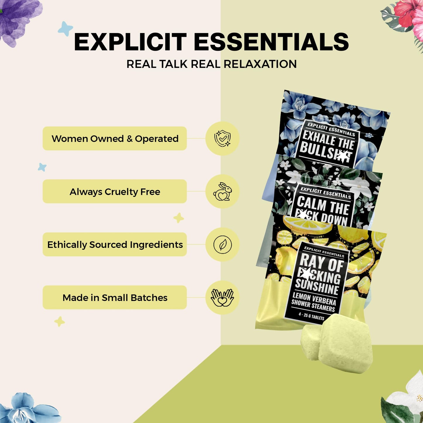 Explicit Essentials Shower Steamers Gift Set | 4 Funny Handmade Aromatherapy Shower Bombs | Relaxation & Stress Relief Spa Gift for Self-Care, Birthdays & Holidays
