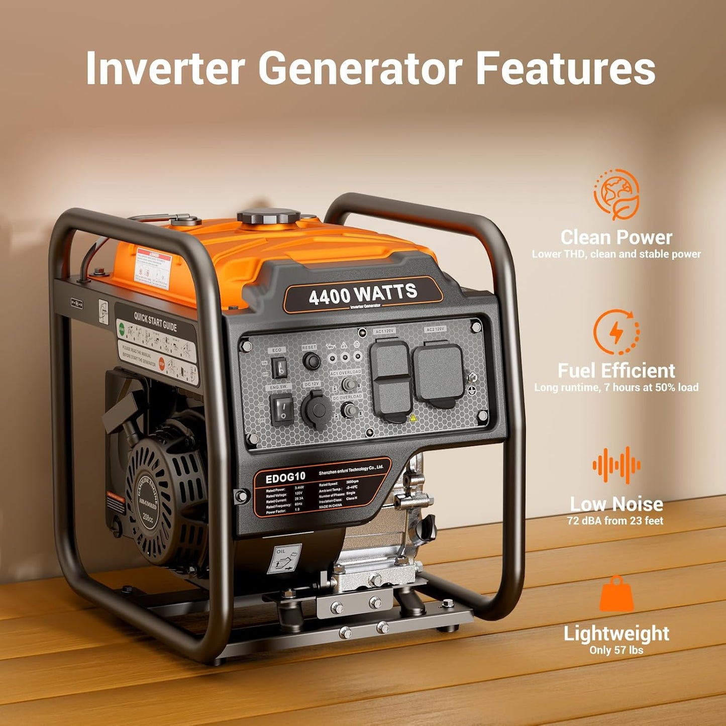 EFURDEN 4400-Watts Portable Inverter Generator, Open Frame Generator Gas Powered, Cold Start Technolog, with ECO Mode and Fuel Gauge, Home Backup Power