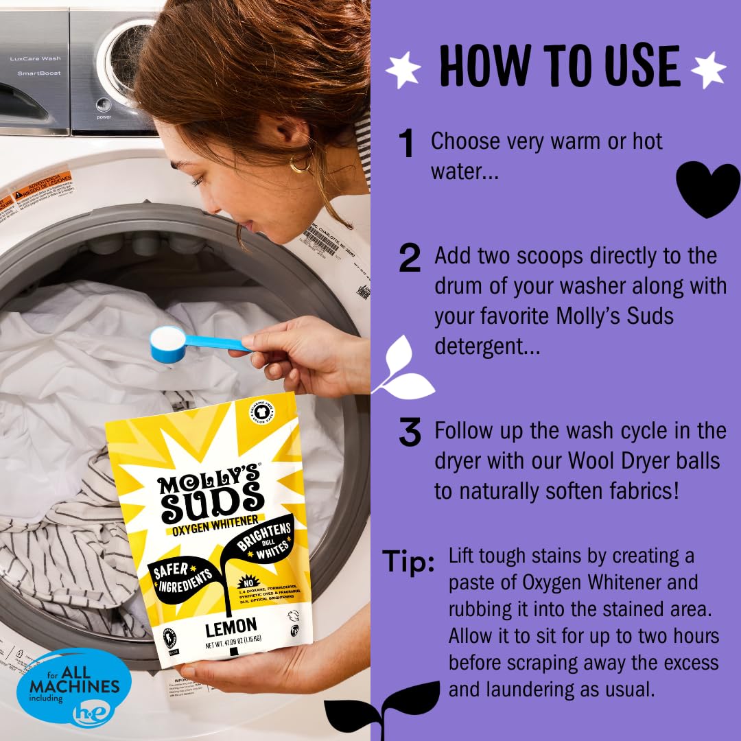 Molly's Suds Oxygen Whitener | Powerful Bleach Alternative, Chlorine Free & Color Safe | Brightens Whites and Removes Stains (Pure Lemon Essential Oil - 79 oz)