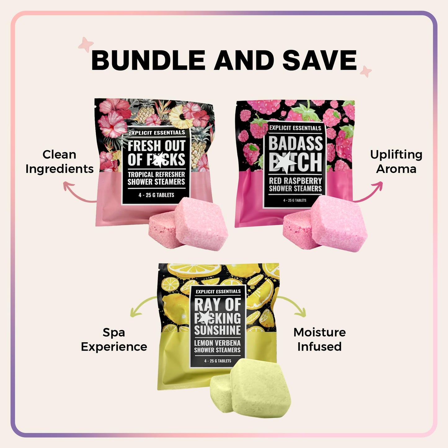 Explicit Essentials Shower Steamers Gift Set | 4 Funny Handmade Aromatherapy Shower Bombs | Relaxation & Stress Relief Spa Gift for Self-Care, Birthdays & Holidays