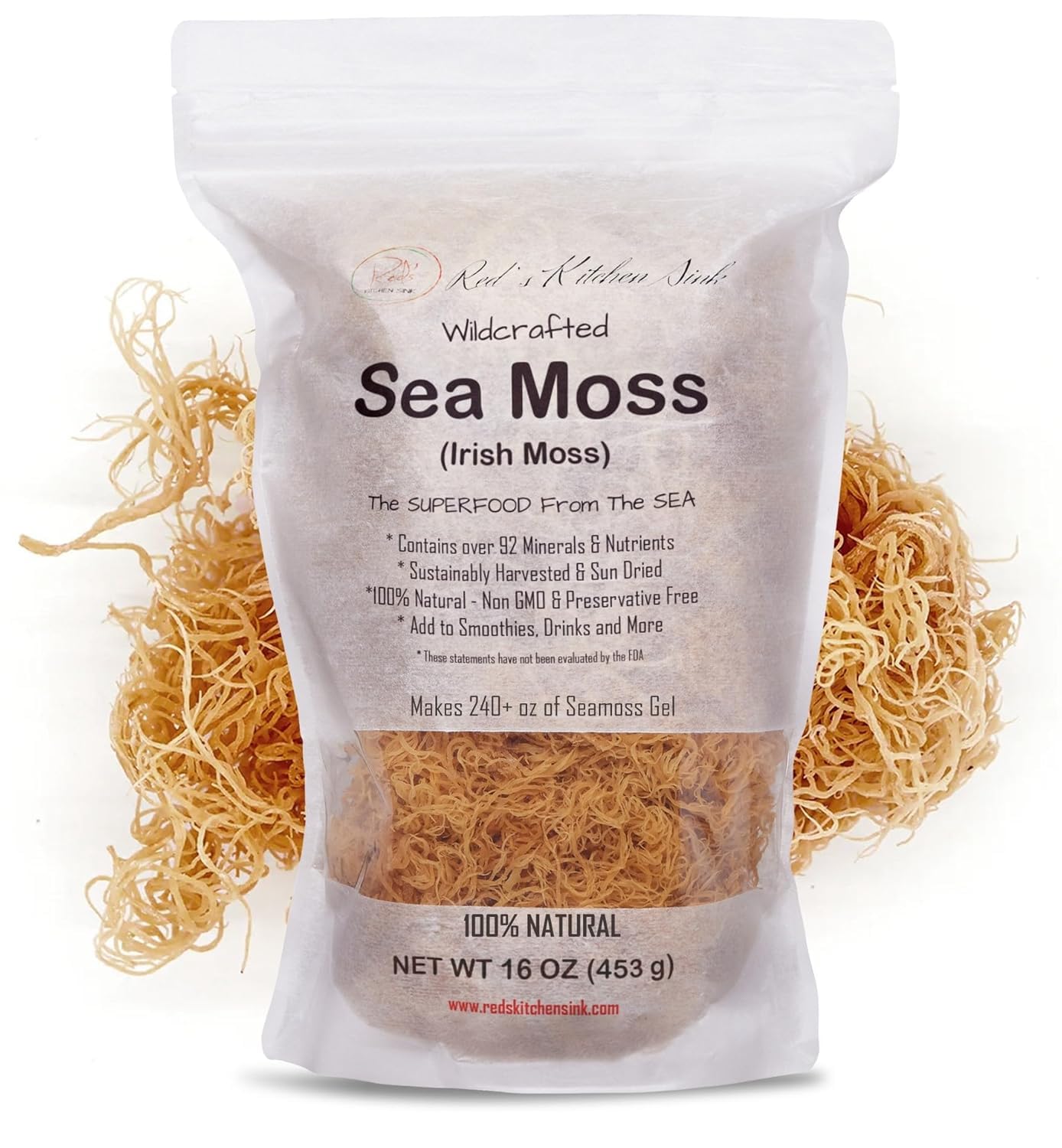 Raw Wildcrafted Gold Sea Moss from St. Lucia, Sun-Dried Whole Leaf Irish Moss, Natural Wild Sea Moss | Makes 120+ oz Gel | 8 oz Bag