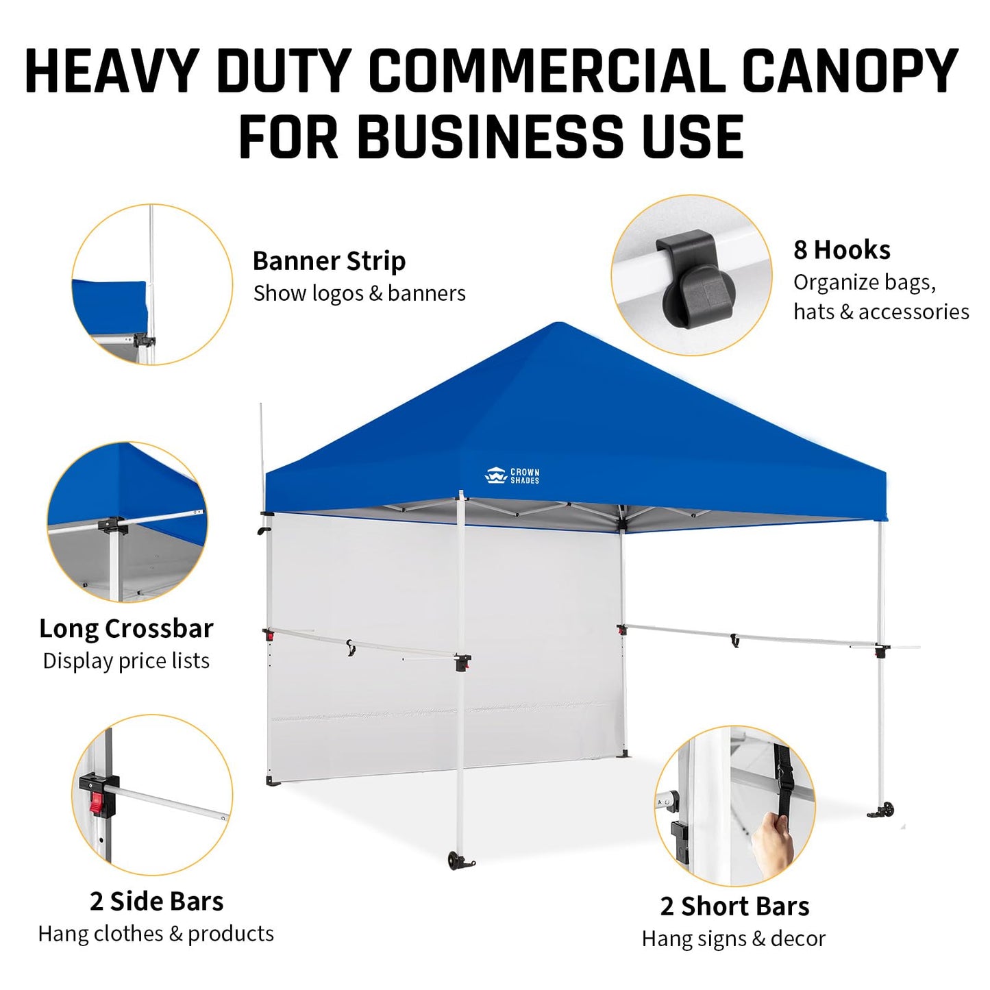 CROWN SHADES 10x10 Pop Up Commercial Canopy Tent, Patented One Push Setup, Heavy Duty Vendor Tent, 1 Removable Sidewall, 4" Wheels, Sto'N Go Bag, 400D Silver Coated, UPF 50+ Waterproof, Blue