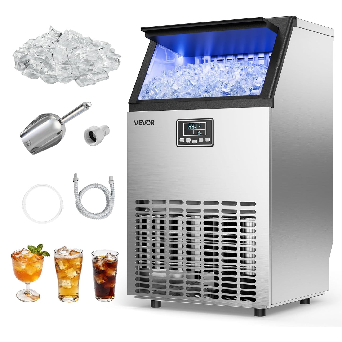 VEVOR Commercial Ice Maker Machine, 265 lbs/24h with 85 lbs Storage Capacity, Built-in/Freestanding/Under Counter, Stainless Steel Ice Maker with LED Display & Self-Cleaning, for Home Bar Restaurant