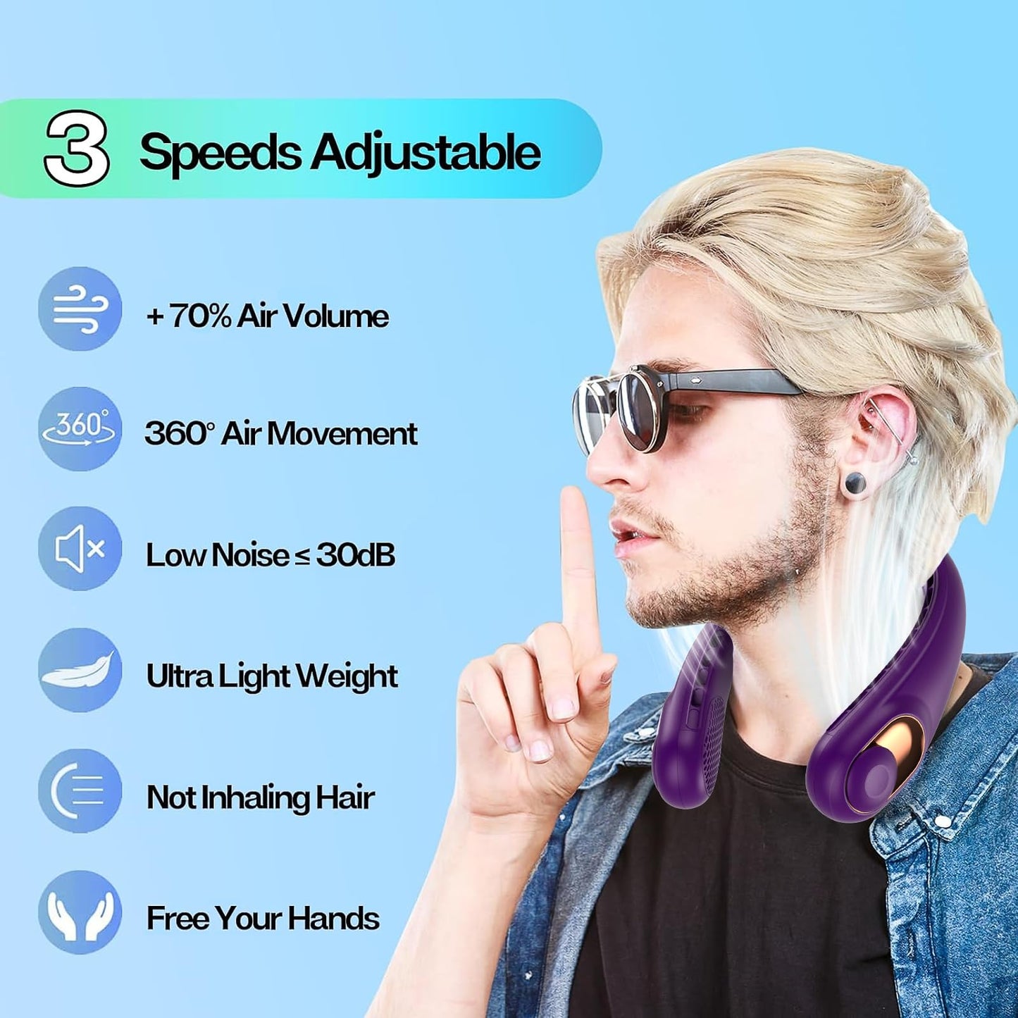 KIDEE Neck Fan, Bladeless Neck Fans Portable Rechargeable, Upgrade 360° Airflow, 3 Speeds, Headphone Design, 4000mAh Battery Operated Personal Wearable Fan Hands Free for Travel Indoor Outdoor