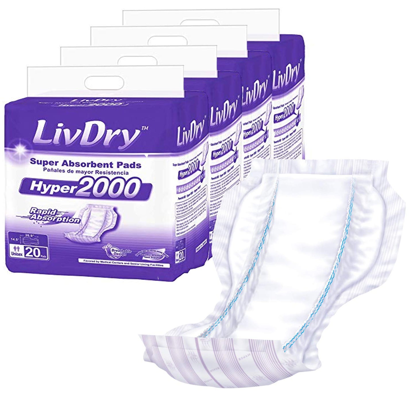 LivDry High Absorbency Pad Insert for Incontinence Briefs and Adult Diapers, Women and Men, Hyper 2400 (18 Count)