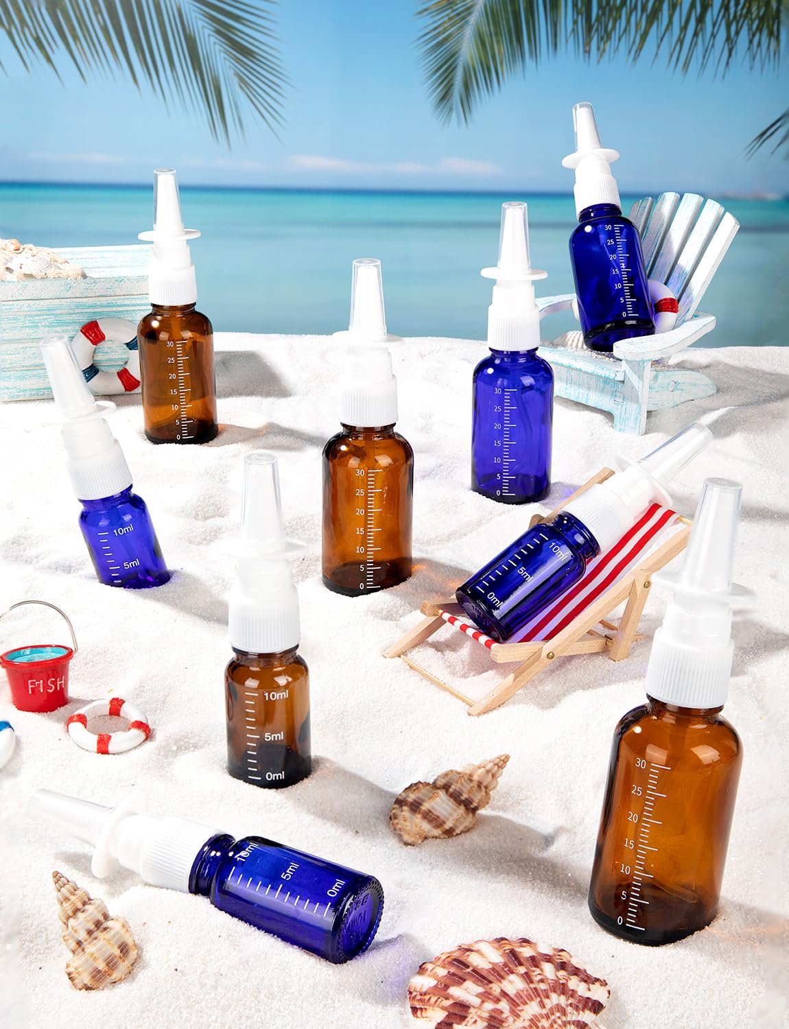 10 Pcs Nasal Spray Bottle, 10ML/0.35OZ 6Pcs Glass Empty Blue Scale Nose Spray Bottles Refillable with 2 Funnels and 2 Labels