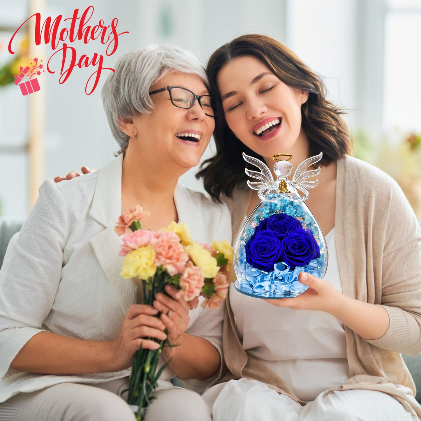 Beferr Mothers Day Mom Birthday Gifts for Women, Fresh Flowers for Delivery Forever Preserved Rose in Glass Angel Figurine, Anniversary Christian Real Rose for Grandma Nana Wife Mum from Daughter Son