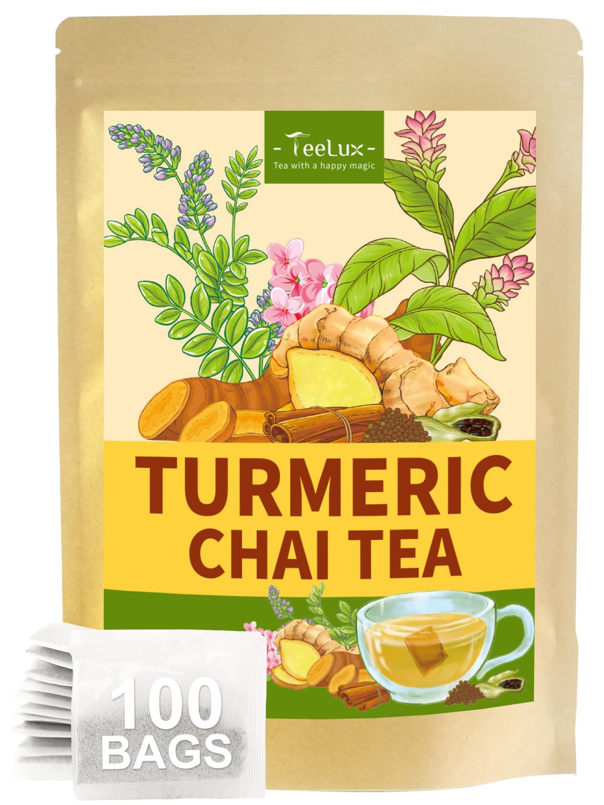 TeeLux Chamomile Tea Bags, 1.5g/bag, Pure Natural Chamomile Flowers Herbal Tea, Caffeine Free, 100 Count