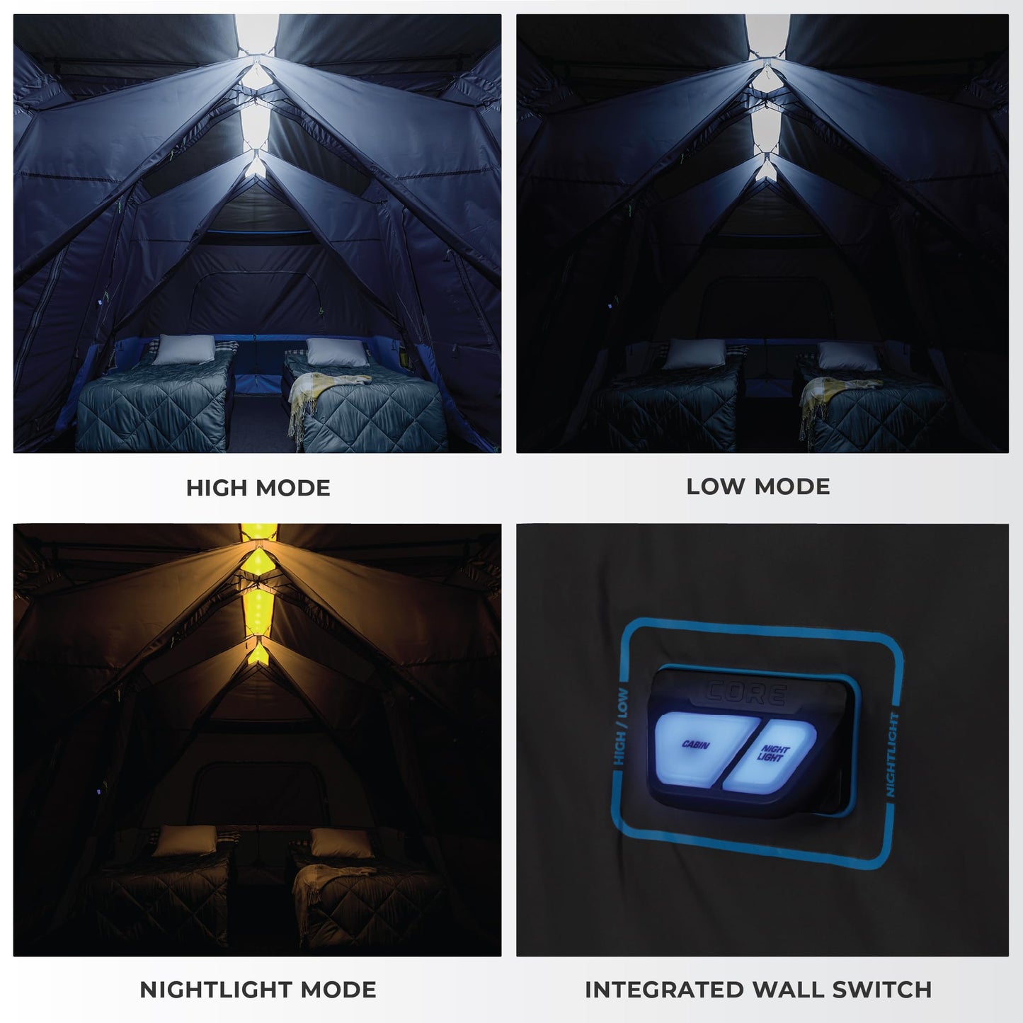 CORE Instant Cabin Tents with LED Lights | Family Multi Room Lighted Pop Up Tents for Camping | Included Storage Pockets for Camping Accessories