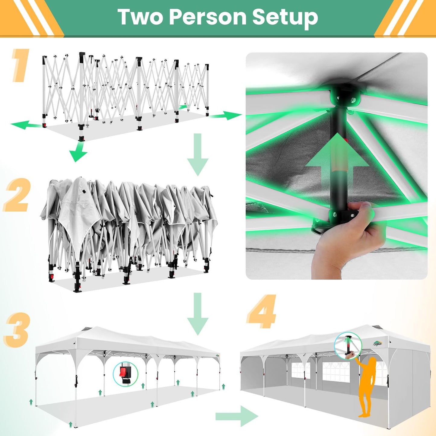 COBIZI 10x20 Pop Up Canopy Tent, Outdoor Party Tent with 4 Sidewalls, 1 Person Easy Set up, Tents for Parties with Fluorescent Strip & 4 Sandbags, Waterproof UPF50+, 3 Adjustable Height, Gray