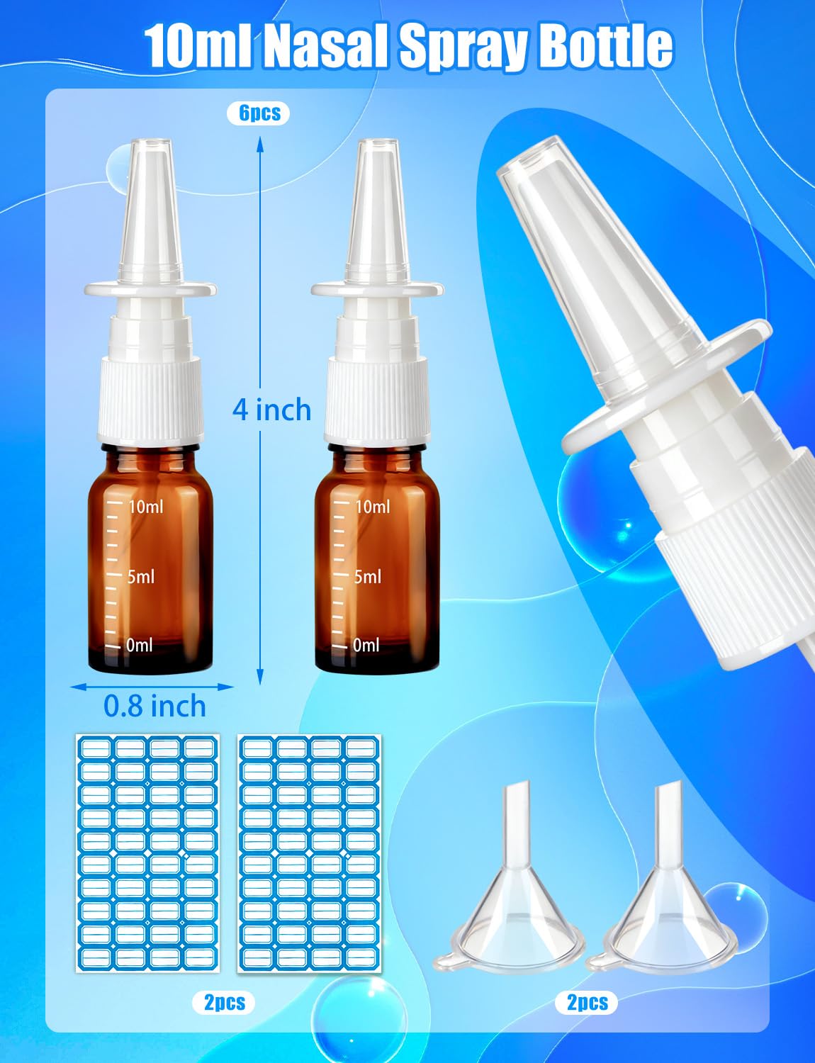 10 Pcs Nasal Spray Bottle, 10ML/0.35OZ 6Pcs Glass Empty Blue Scale Nose Spray Bottles Refillable with 2 Funnels and 2 Labels