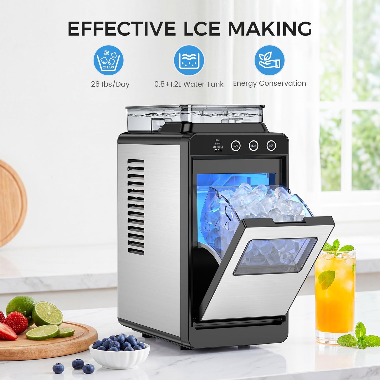 COWSAR Ice Maker Countertop, Portable Ice Machine with Basket and Scoop, 8 Cubes in 6 Mins, 26 lbs/24H, Auto-Cleaning Commercial Ice Maker for Kitchen, RV, Camping, Black