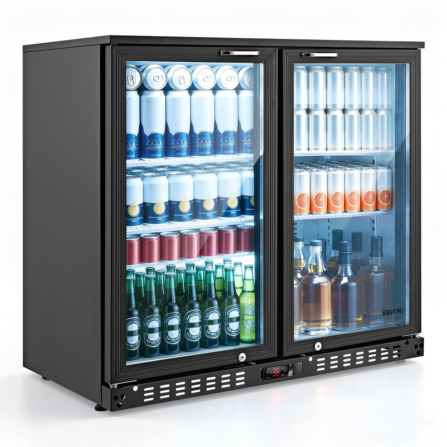 VEVOR Back Bar Cooler, 7.4 Cu. Ft Commercial Beverage Refrigerator, Under Counter Bar Fridge with 2 Sliding Doors, LED Lighting, Adjustable Shelves, Low-E Glass Display Cooler for Beer, Wine, Drink