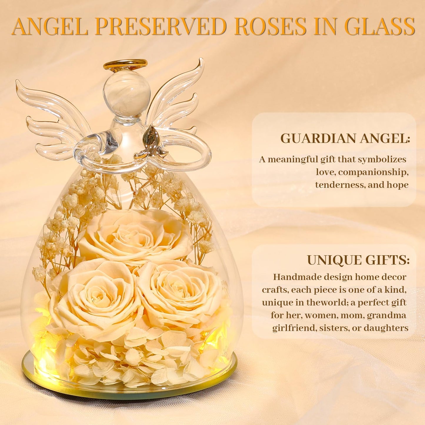 Beferr Mothers Day Mom Birthday Gifts for Women, Fresh Flowers for Delivery Forever Preserved Rose in Glass Angel Figurine, Anniversary Christian Real Rose for Grandma Nana Wife Mum from Daughter Son