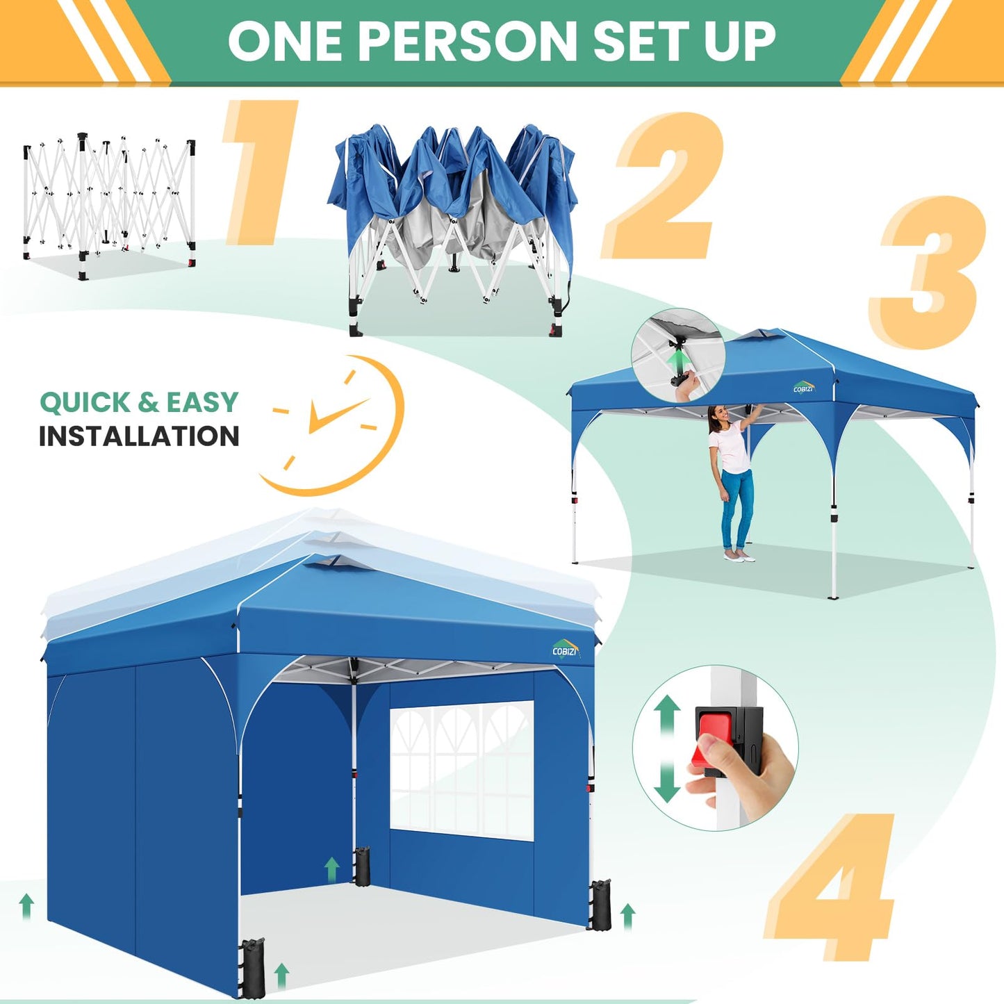 COBIZI 10x20 Pop Up Canopy Tent, Outdoor Party Tent with 4 Sidewalls, 1 Person Easy Set up, Tents for Parties with Fluorescent Strip & 4 Sandbags, Waterproof UPF50+, 3 Adjustable Height, Gray