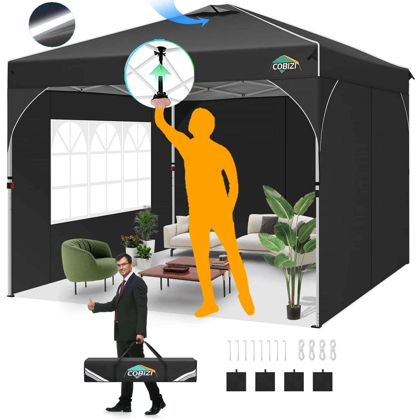 COBIZI 10x20 Pop Up Canopy Tent, Outdoor Party Tent with 4 Sidewalls, 1 Person Easy Set up, Tents for Parties with Fluorescent Strip & 4 Sandbags, Waterproof UPF50+, 3 Adjustable Height, Gray