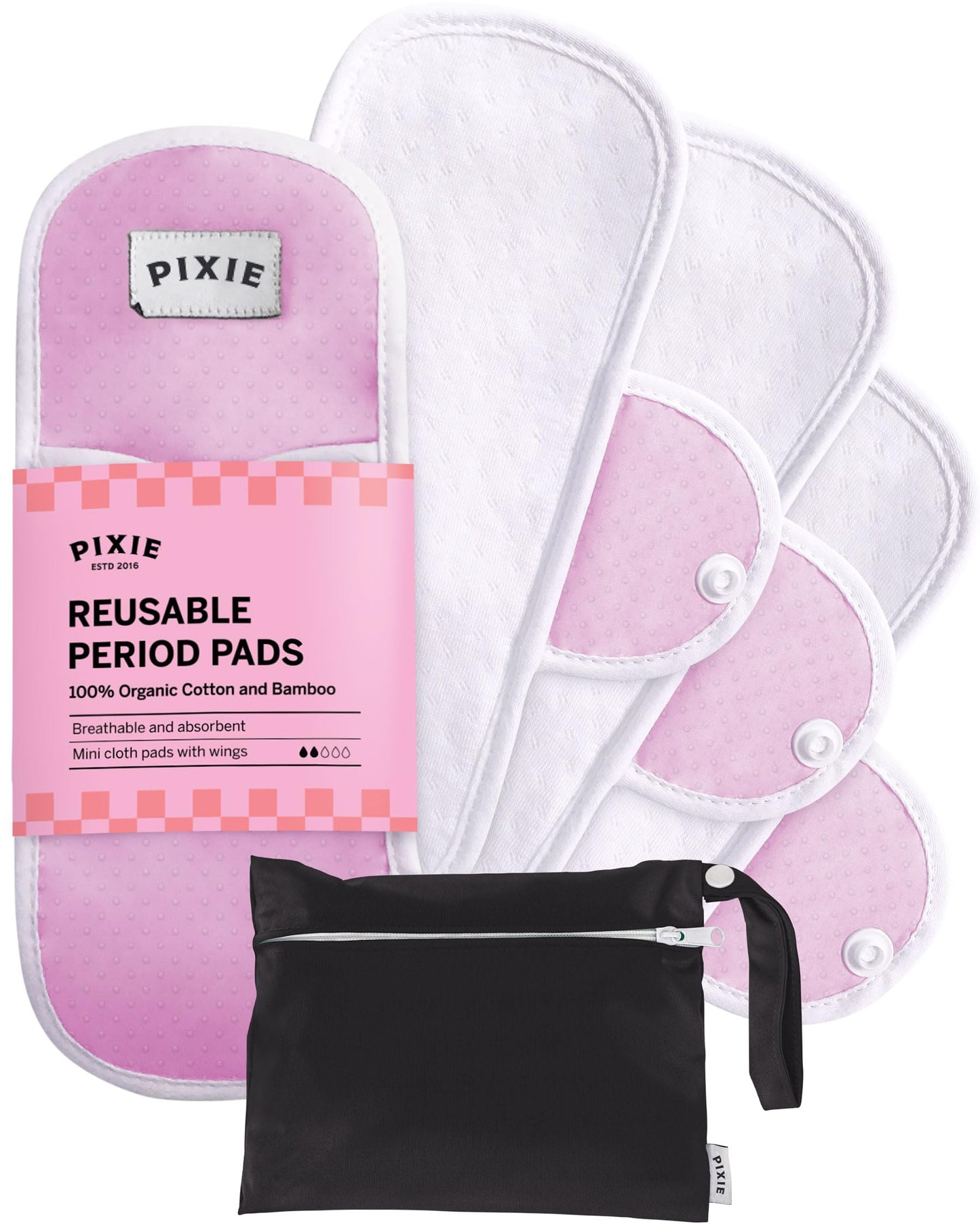 Pixie Cotton Cloth Pads for Feminine Care - 100% Organic Reusable Pads - Ranked 1 for Softest Menstrual Sanitary Napkins - Machine Washable & Includes Free Wet Bag - Menstrual Liner (Regular)