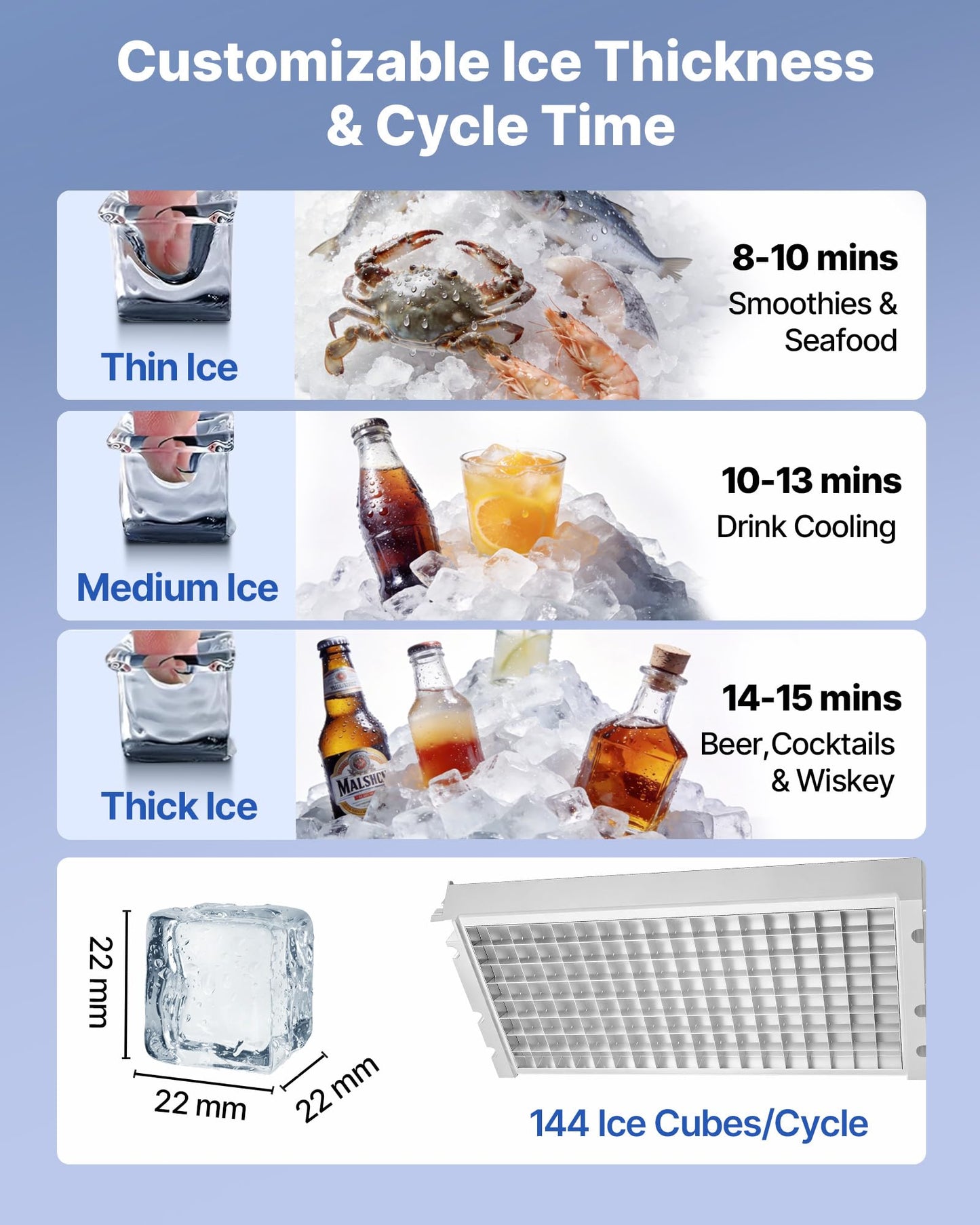 VEVOR Commercial Ice Maker Machine, 265 lbs/24h with 85 lbs Storage Capacity, Built-in/Freestanding/Under Counter, Stainless Steel Ice Maker with LED Display & Self-Cleaning, for Home Bar Restaurant