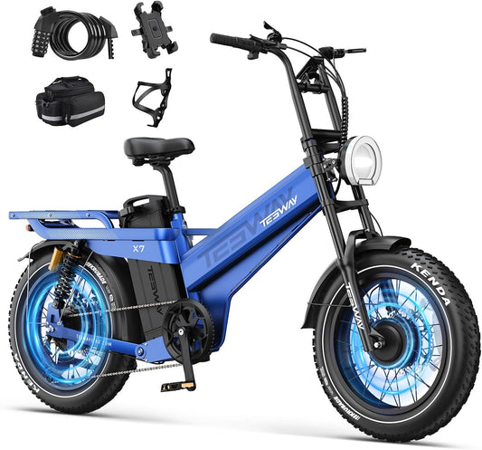 TESWAY 52V 3600W Dual Motor Ebike 200Miles Longest Range Electric Bike for Adults, 20" Fat Tire Full Suspension E Bike (X7 AWD, Blue)